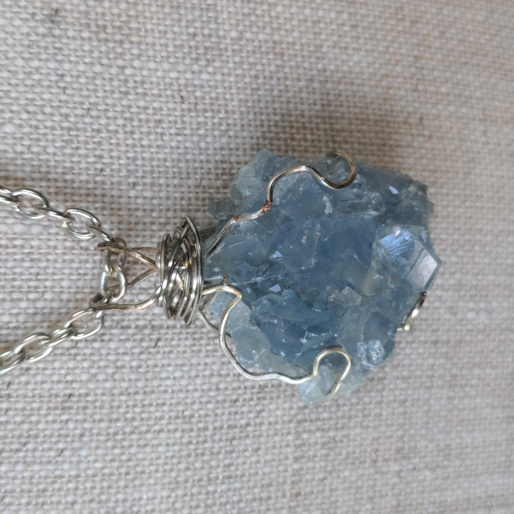 Celestine Blue Crystal Pendant Necklace, Wire wrapped, Silver Plated Chain, New